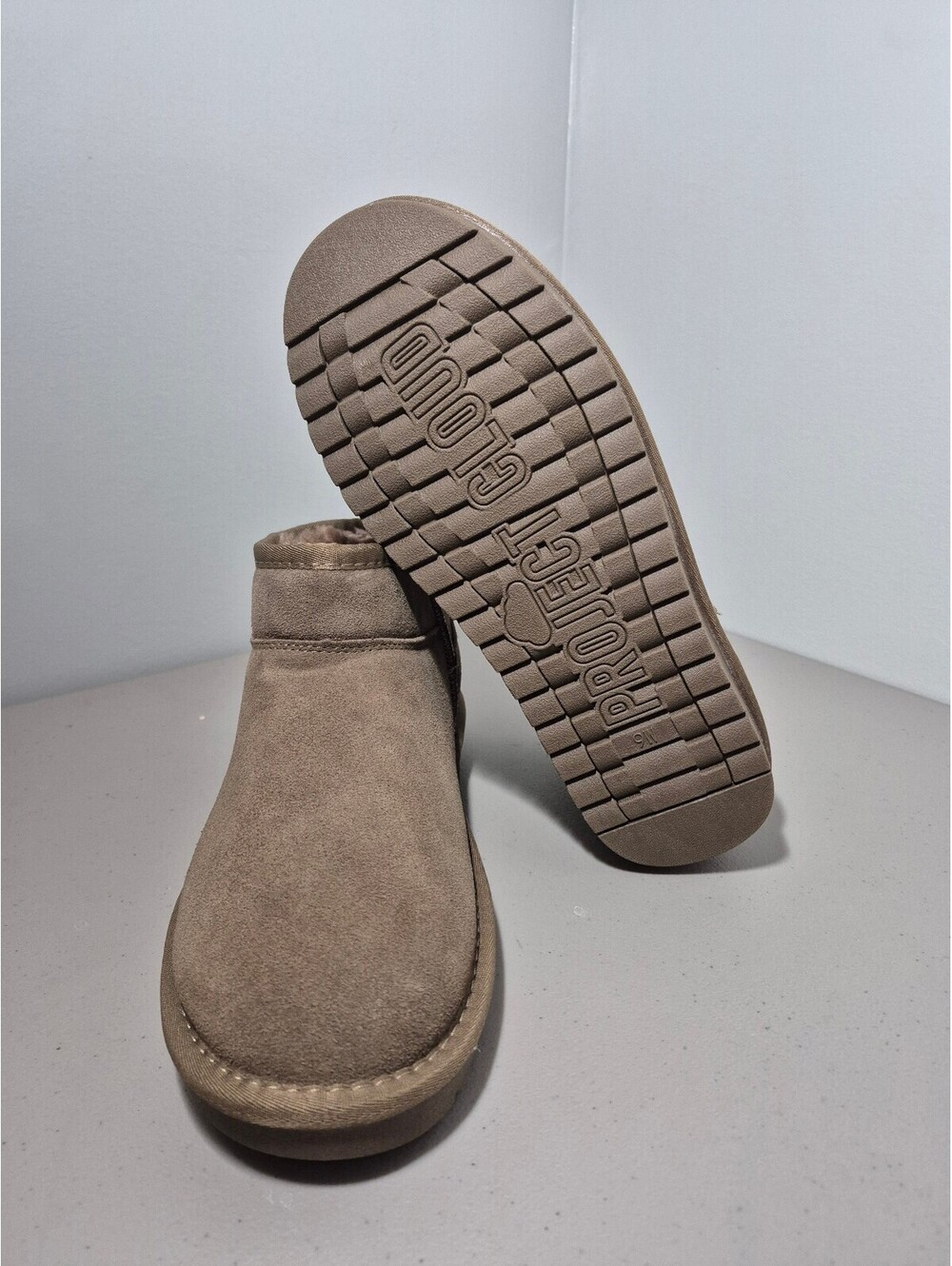 Project Cloud Women’s Mini Ankle Boots 9M Taupe Suede Shearling Fur Lined NWOT
